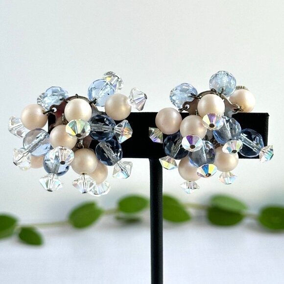 Vintage Blue & Ivory Cha Cha Cluster Clip-On Earrings with AB Faceted Beads - Picture 1 of 7